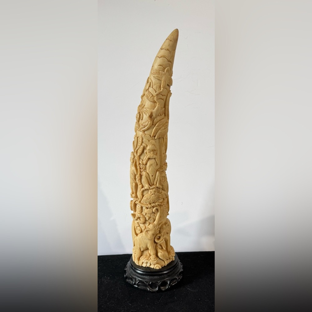 Vintage Resin Carved Faux Tusk Shape- Animal Kingdom - 17”